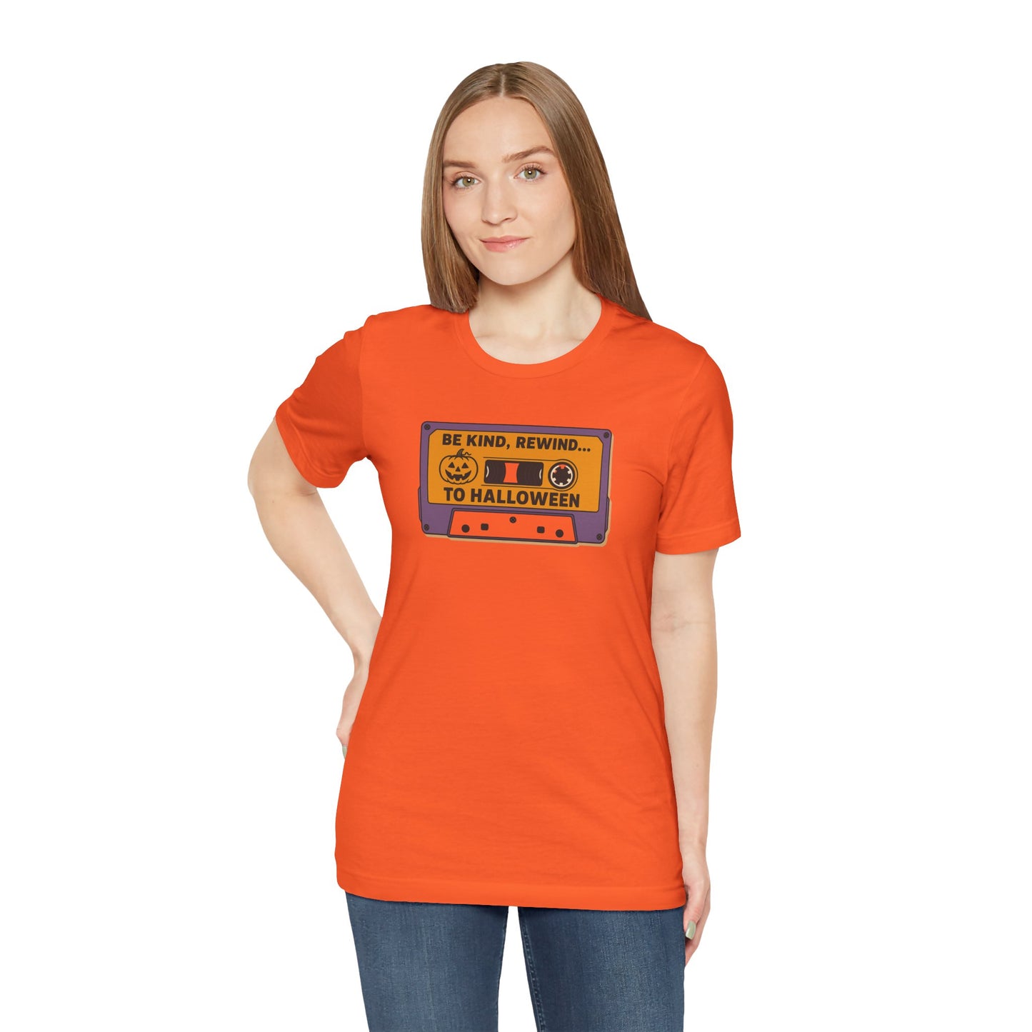 "Be Kind, Rewind to Halloween" T-Shirt, Unisex Casual Wear, Spooky Season Top, Vintage Style Shirt