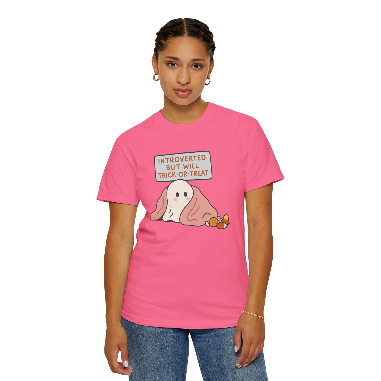 "Introverted But Will Trick or Treat" Unisex Halloween Tee, Funny Trick-or-Treat Shirt, Spooky Season Apparel, Gift for Introverts