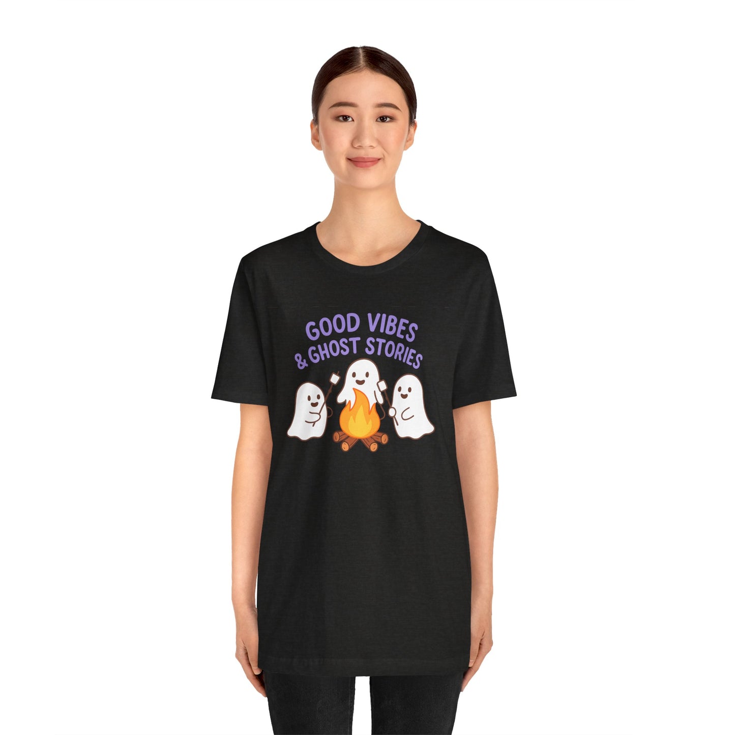 "Good Vibes & Ghost Stories" Unisex Jersey Short Sleeve Shirt for Halloween, Campfire Nights, Cozy Gatherings, Spirit Enthusiasts