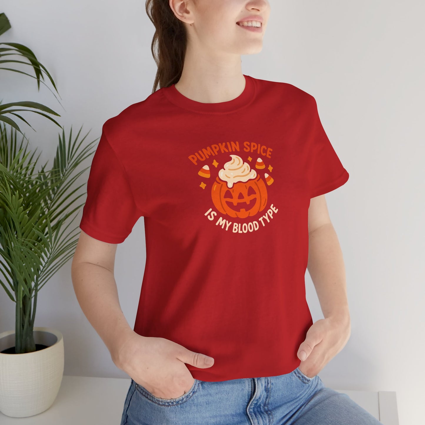 "Pumpkin Spice is My Blood Type" Short Sleeve Tee Fall Fashion, Halloween Shirt, Coffee Lover Gift, Autumn Wardrobe, Seasonal Tee