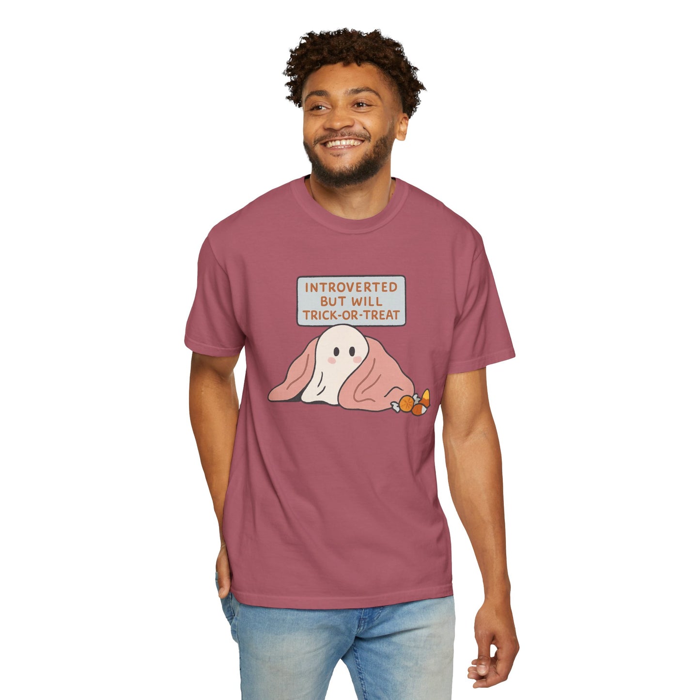 "Introverted But Will Trick or Treat" Unisex Halloween Tee, Funny Trick-or-Treat Shirt, Spooky Season Apparel, Gift for Introverts