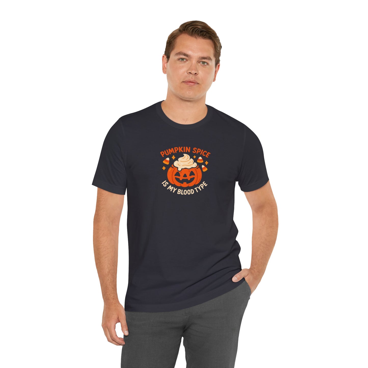 "Pumpkin Spice is My Blood Type" Short Sleeve Tee Fall Fashion, Halloween Shirt, Coffee Lover Gift, Autumn Wardrobe, Seasonal Tee