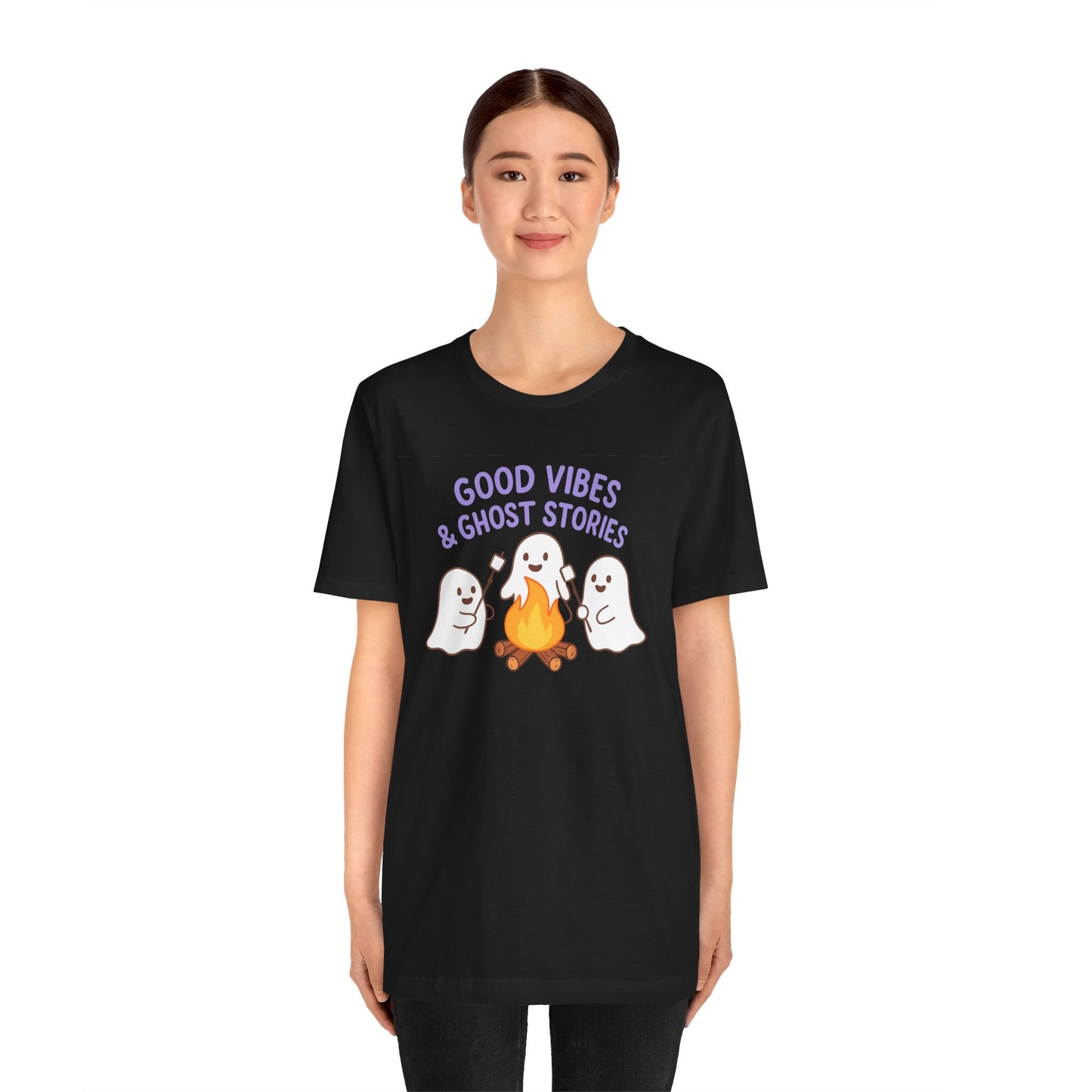 "Good Vibes & Ghost Stories" Unisex Jersey Short Sleeve Shirt for Halloween, Campfire Nights, Cozy Gatherings, Spirit Enthusiasts