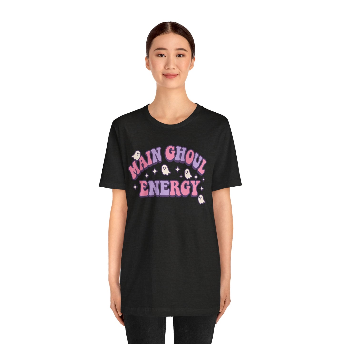 "Main Ghoul Energy" Unisex Short Sleeve T-Shirt, Halloween Party Shirt, Cute Graphic Tee, Gift for Ghost Lovers, Trendy Casual Wear