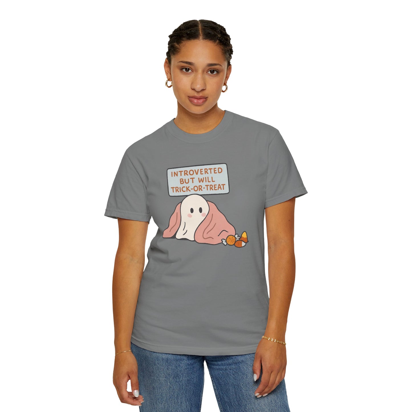 "Introverted But Will Trick or Treat" Unisex Halloween Tee, Funny Trick-or-Treat Shirt, Spooky Season Apparel, Gift for Introverts