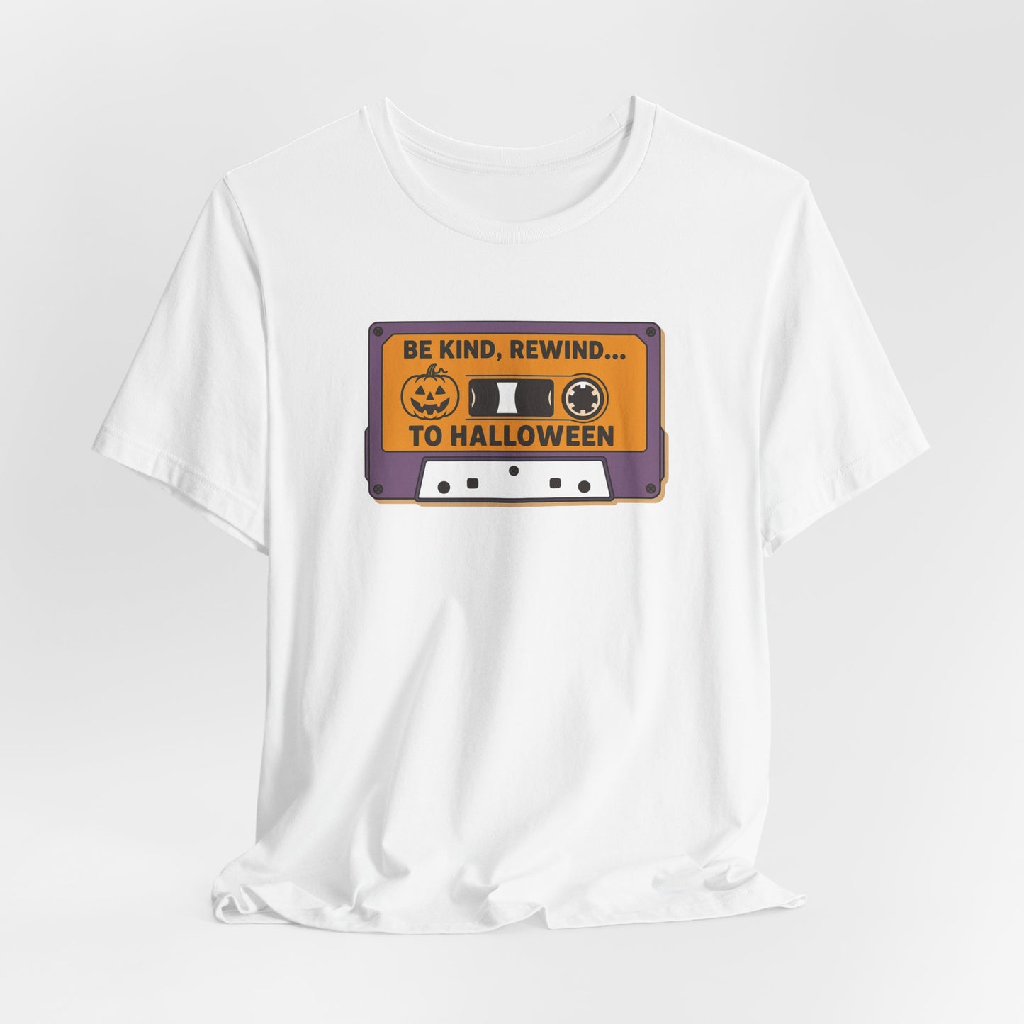 "Be Kind, Rewind to Halloween" T-Shirt, Unisex Casual Wear, Spooky Season Top, Vintage Style Shirt