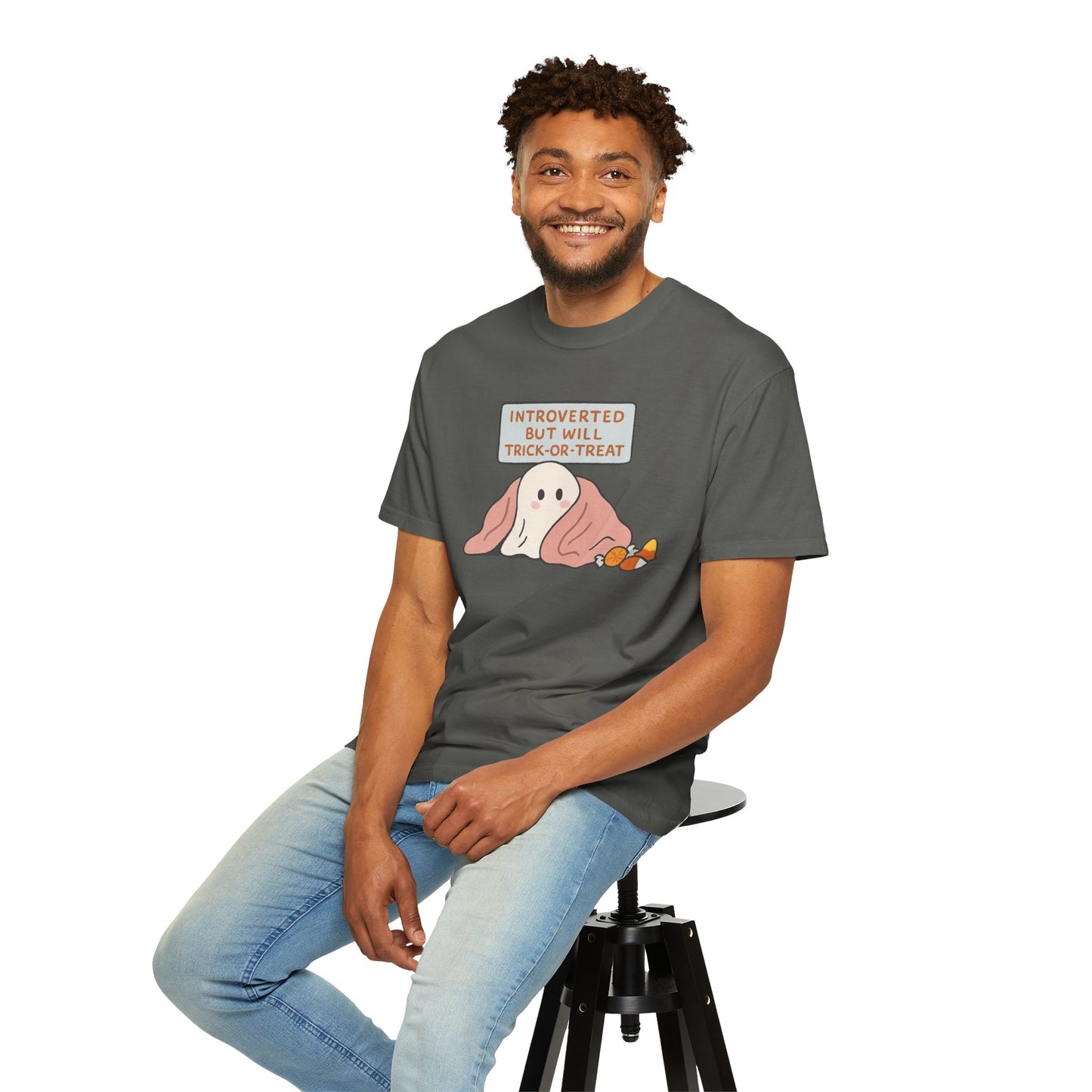 "Introverted But Will Trick or Treat" Unisex Halloween Tee, Funny Trick-or-Treat Shirt, Spooky Season Apparel, Gift for Introverts