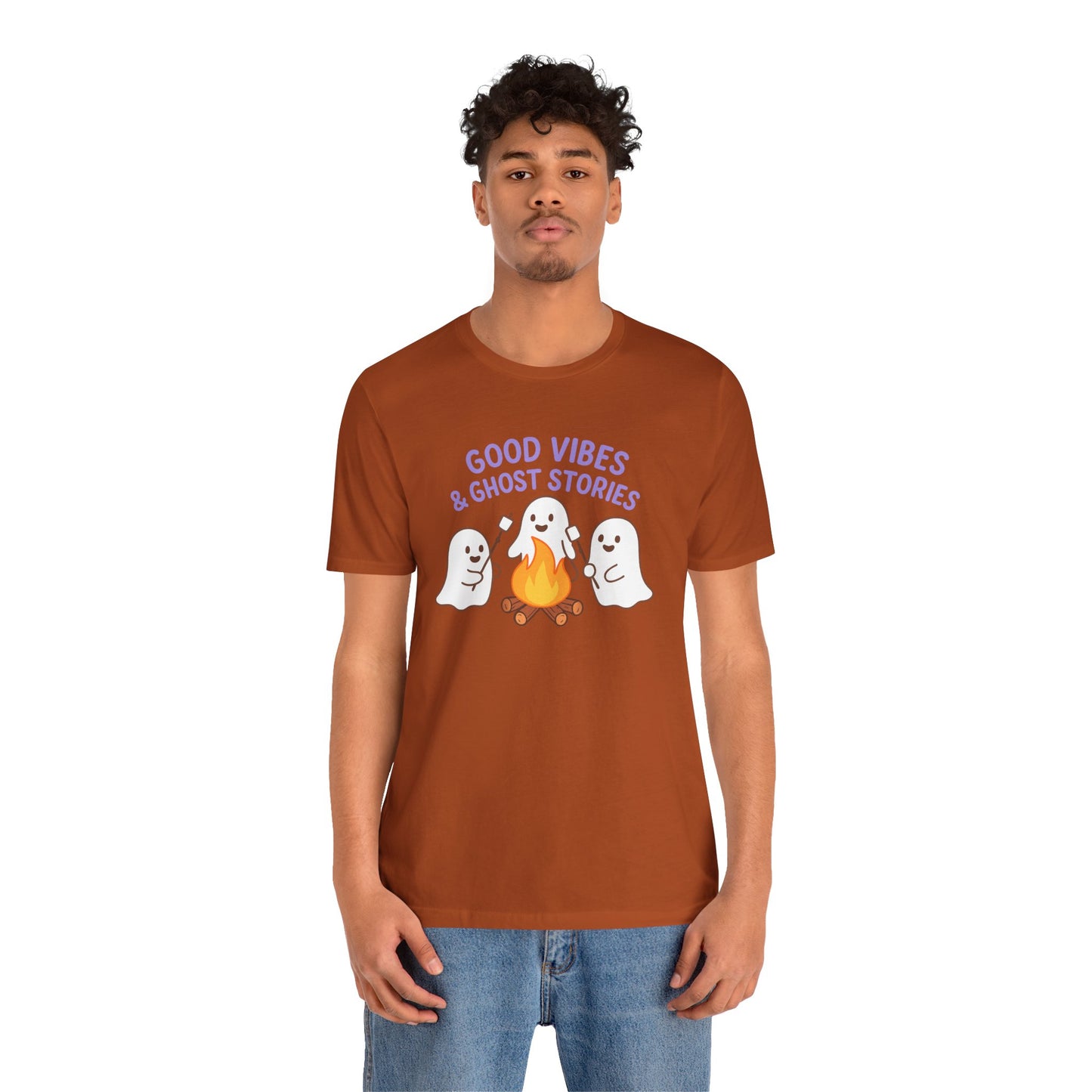 "Good Vibes & Ghost Stories" Unisex Jersey Short Sleeve Shirt for Halloween, Campfire Nights, Cozy Gatherings, Spirit Enthusiasts