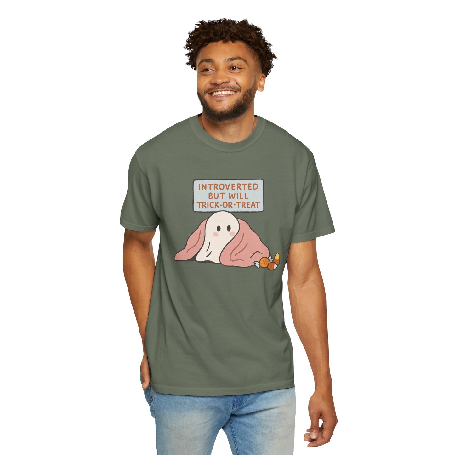 "Introverted But Will Trick or Treat" Unisex Halloween Tee, Funny Trick-or-Treat Shirt, Spooky Season Apparel, Gift for Introverts