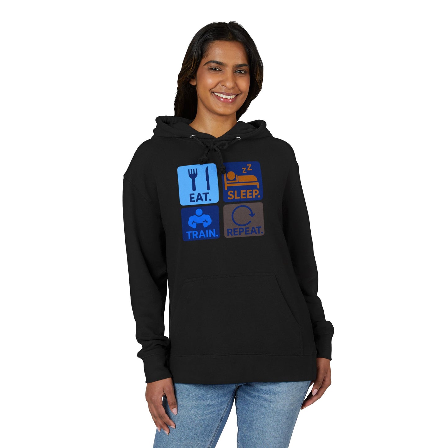 "EAT.SLEEP.TRAIN.REPEAT." Statement Hoodie for Fitness Lovers, Cozy Workout Gear, Athletic Hoodie, Motivational Hoodie, Gym Apparel