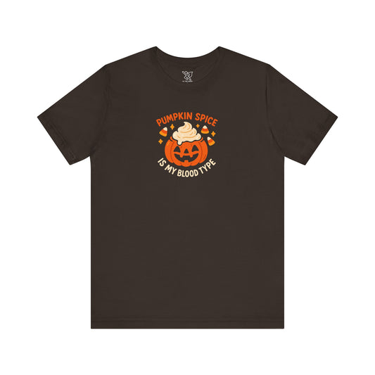 "Pumpkin Spice is My Blood Type" Short Sleeve Tee Fall Fashion, Halloween Shirt, Coffee Lover Gift, Autumn Wardrobe, Seasonal Tee