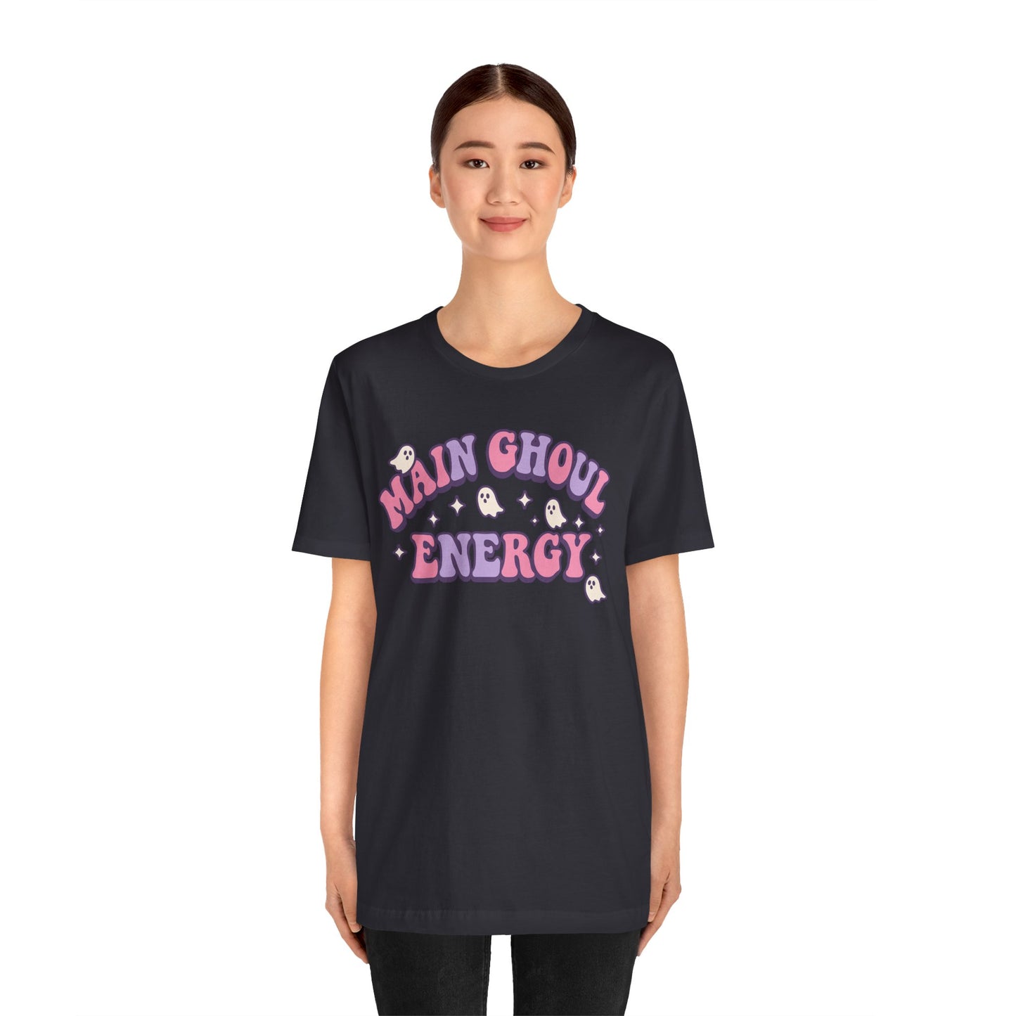 "Main Ghoul Energy" Unisex Short Sleeve T-Shirt, Halloween Party Shirt, Cute Graphic Tee, Gift for Ghost Lovers, Trendy Casual Wear
