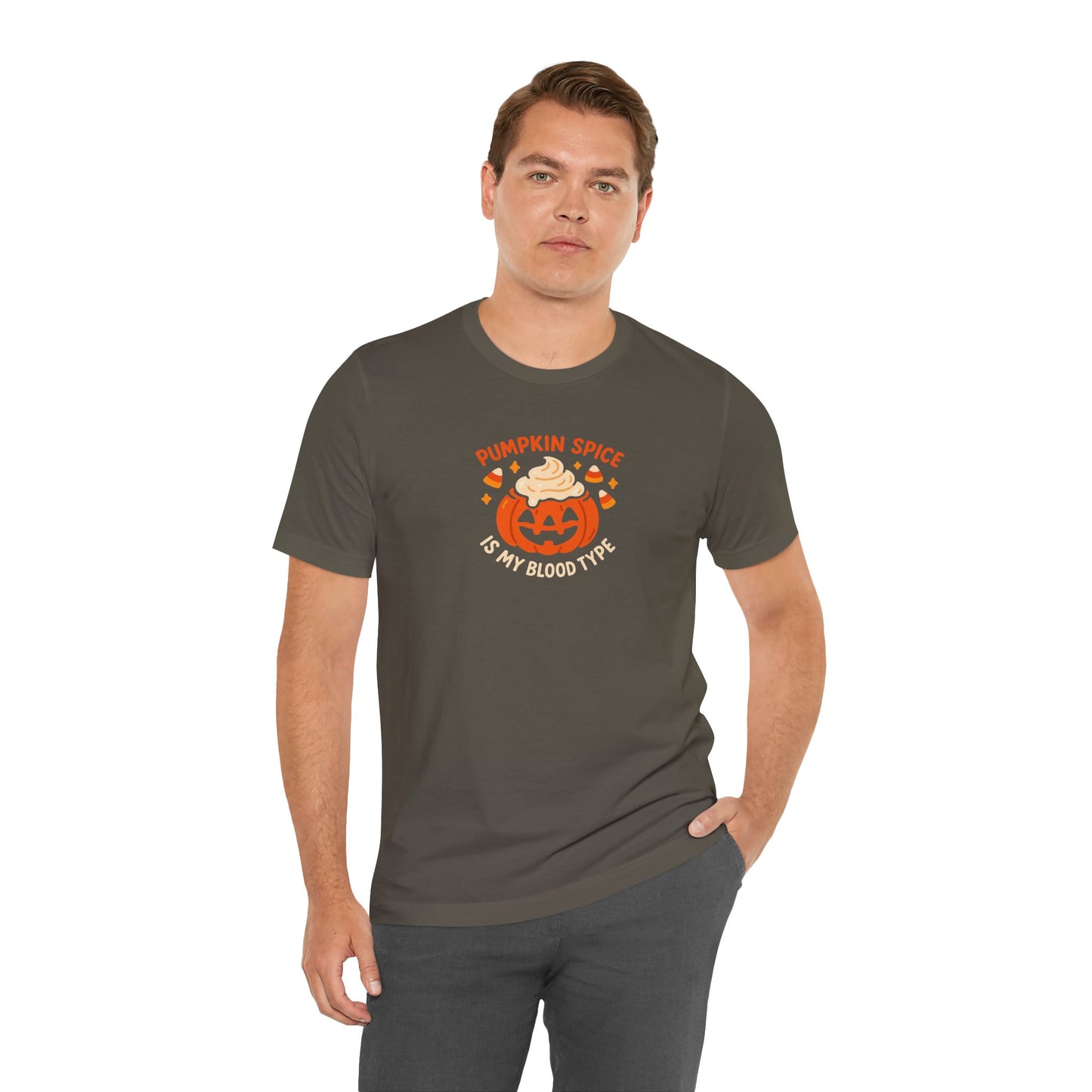 "Pumpkin Spice is My Blood Type" Short Sleeve Tee Fall Fashion, Halloween Shirt, Coffee Lover Gift, Autumn Wardrobe, Seasonal Tee