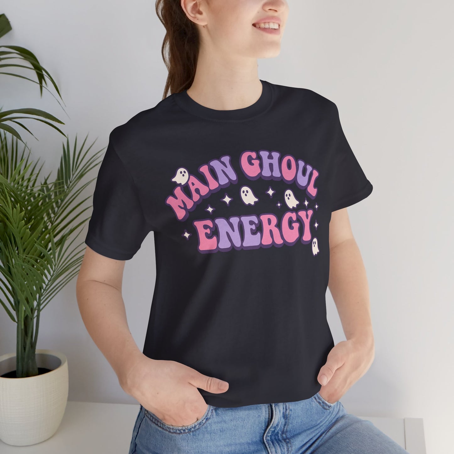 "Main Ghoul Energy" Unisex Short Sleeve T-Shirt, Halloween Party Shirt, Cute Graphic Tee, Gift for Ghost Lovers, Trendy Casual Wear
