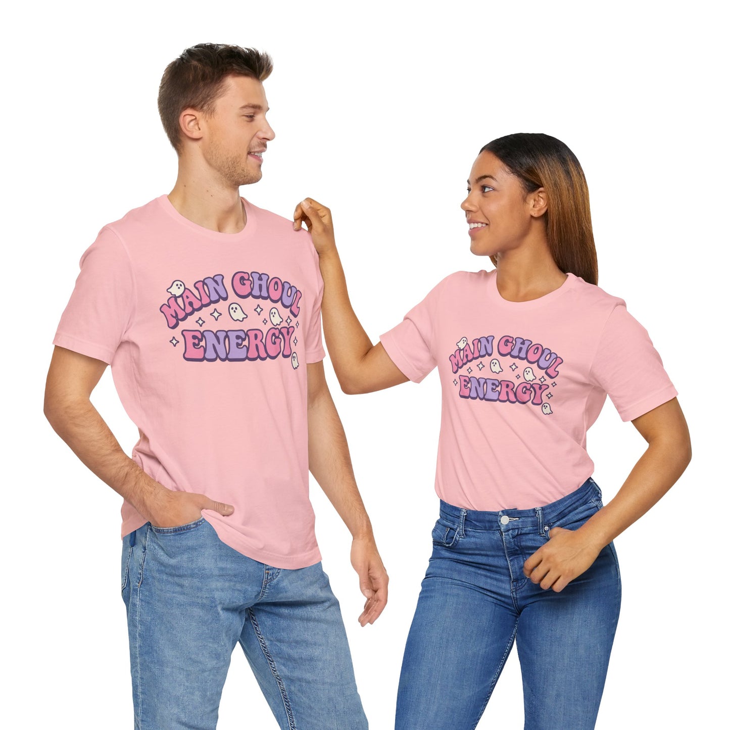 "Main Ghoul Energy" Unisex Short Sleeve T-Shirt, Halloween Party Shirt, Cute Graphic Tee, Gift for Ghost Lovers, Trendy Casual Wear