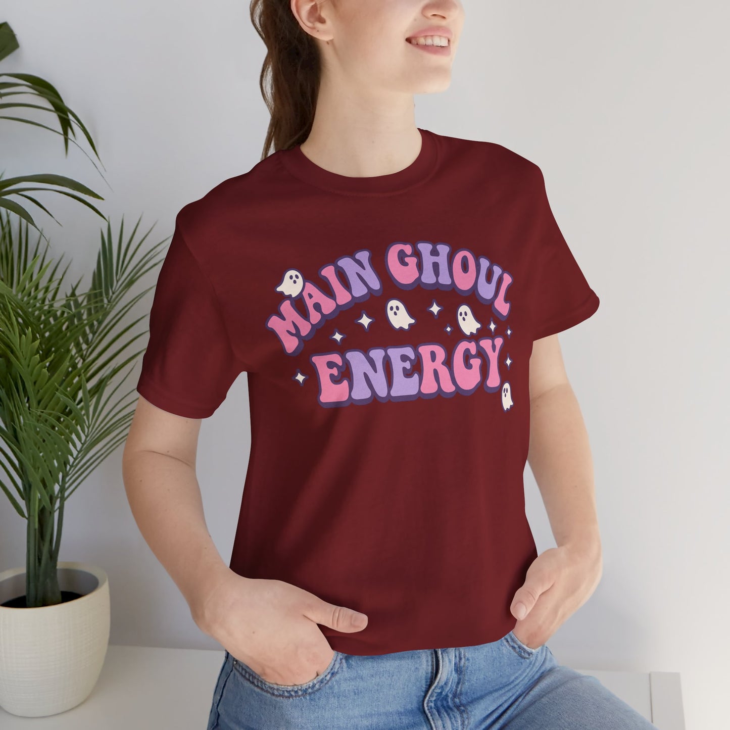 "Main Ghoul Energy" Unisex Short Sleeve T-Shirt, Halloween Party Shirt, Cute Graphic Tee, Gift for Ghost Lovers, Trendy Casual Wear