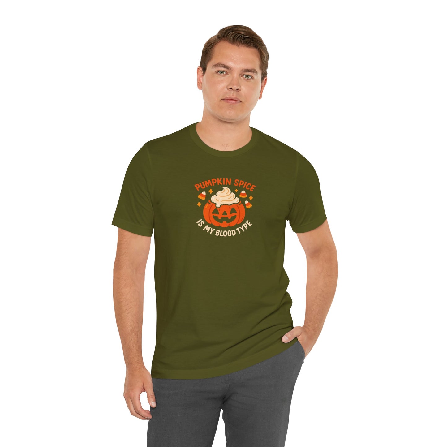 "Pumpkin Spice is My Blood Type" Short Sleeve Tee Fall Fashion, Halloween Shirt, Coffee Lover Gift, Autumn Wardrobe, Seasonal Tee