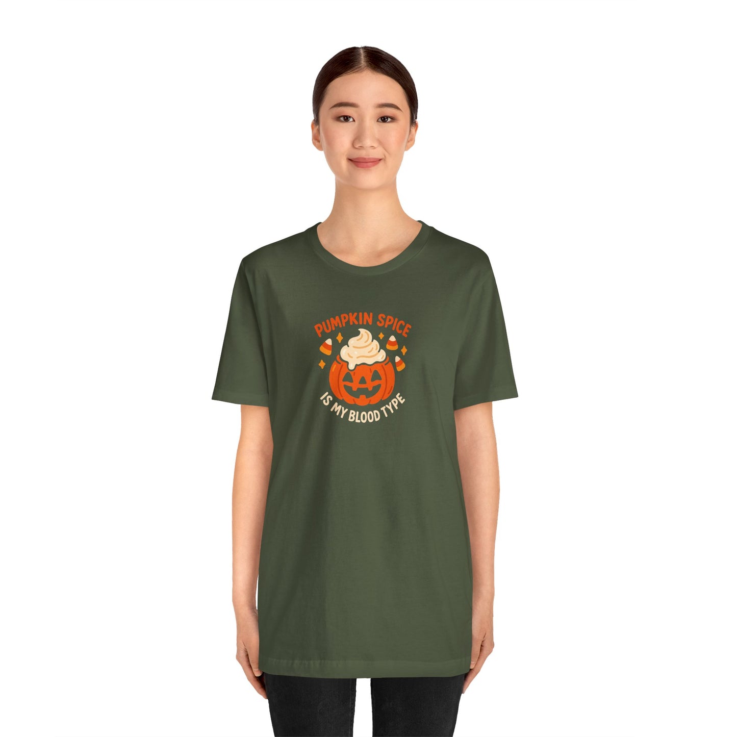 "Pumpkin Spice is My Blood Type" Short Sleeve Tee Fall Fashion, Halloween Shirt, Coffee Lover Gift, Autumn Wardrobe, Seasonal Tee
