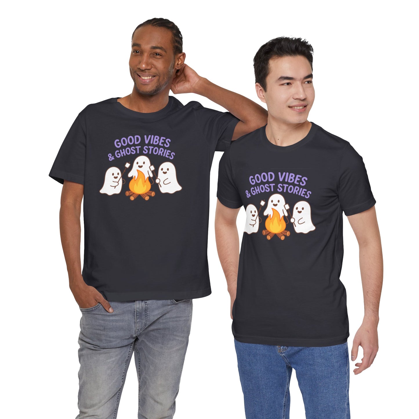 "Good Vibes & Ghost Stories" Unisex Jersey Short Sleeve Shirt for Halloween, Campfire Nights, Cozy Gatherings, Spirit Enthusiasts