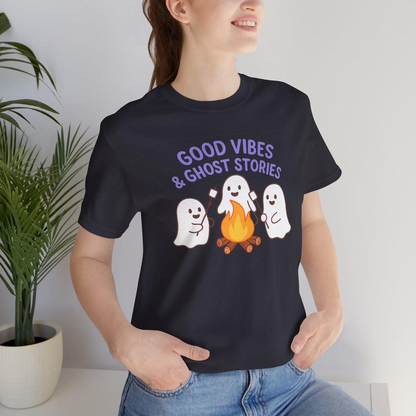 "Good Vibes & Ghost Stories" Unisex Jersey Short Sleeve Shirt for Halloween, Campfire Nights, Cozy Gatherings, Spirit Enthusiasts