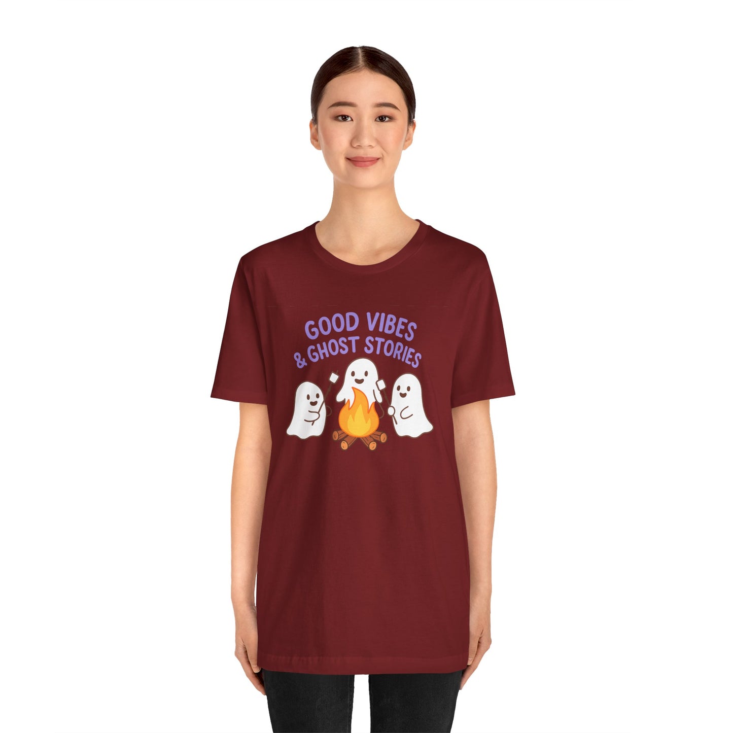 "Good Vibes & Ghost Stories" Unisex Jersey Short Sleeve Shirt for Halloween, Campfire Nights, Cozy Gatherings, Spirit Enthusiasts