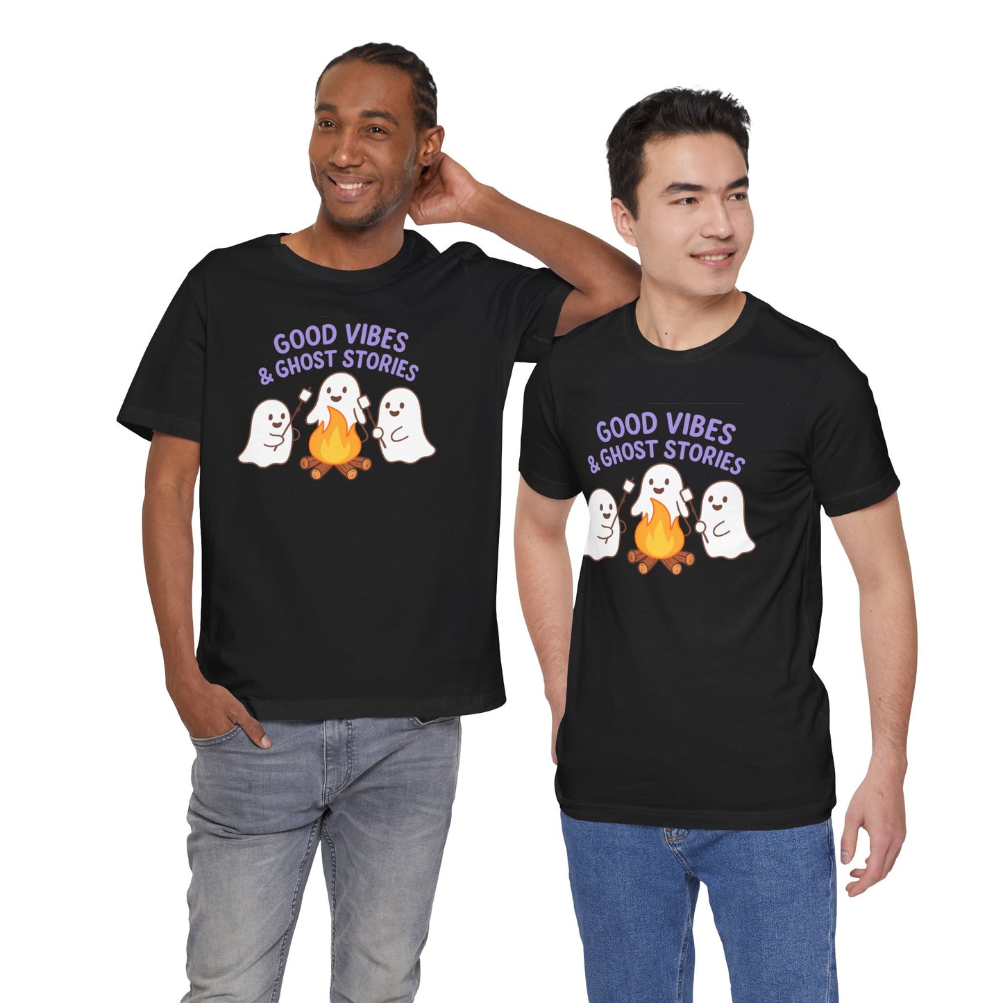 "Good Vibes & Ghost Stories" Unisex Jersey Short Sleeve Shirt for Halloween, Campfire Nights, Cozy Gatherings, Spirit Enthusiasts