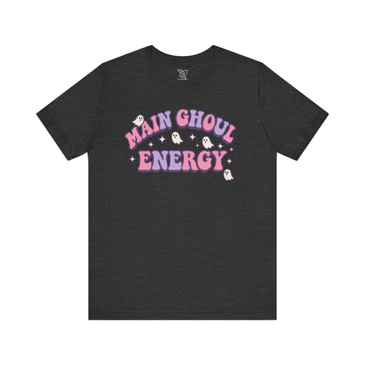 "Main Ghoul Energy" Unisex Short Sleeve T-Shirt, Halloween Party Shirt, Cute Graphic Tee, Gift for Ghost Lovers, Trendy Casual Wear