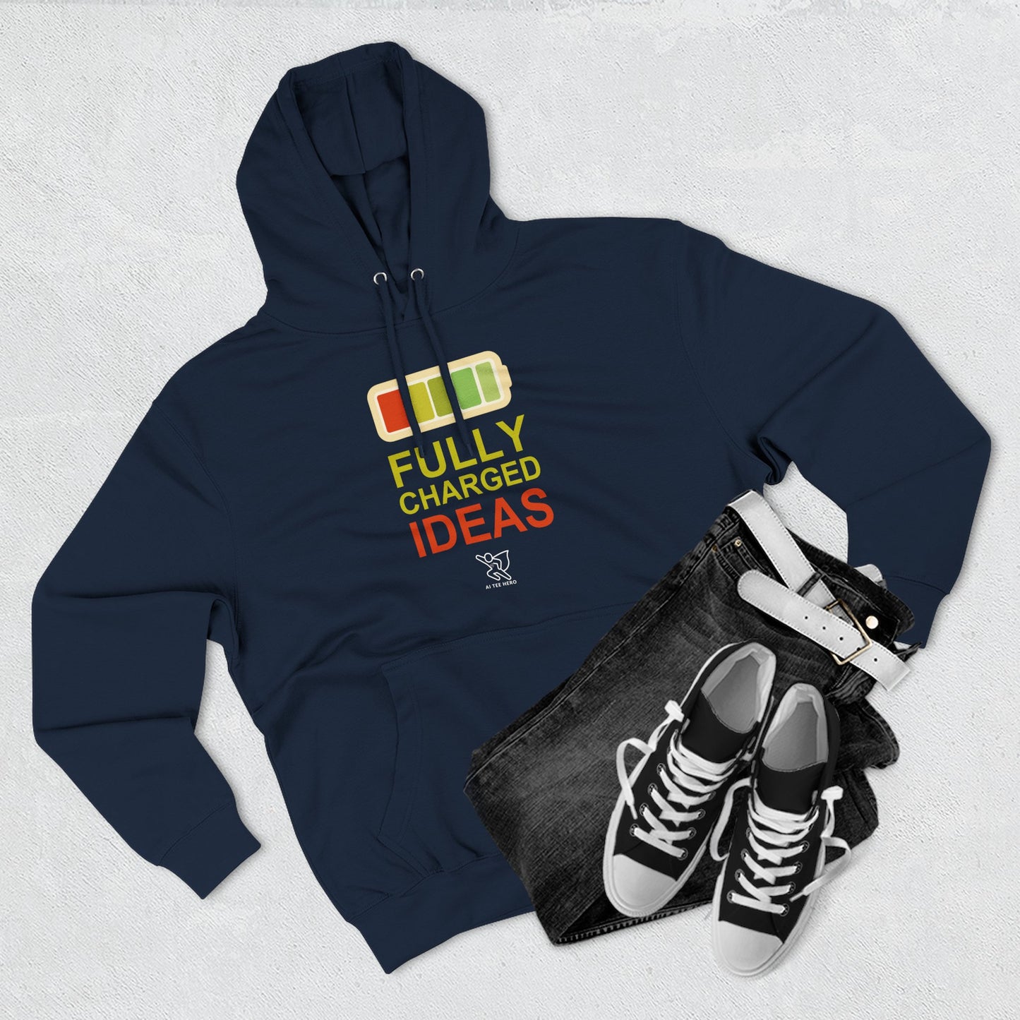 "Fully Charged Ideas" Motivational Fleece Sweatshirt, Cozy Gift for Creatives, Perfect for Inspiration, Fun Wear for All Occasions