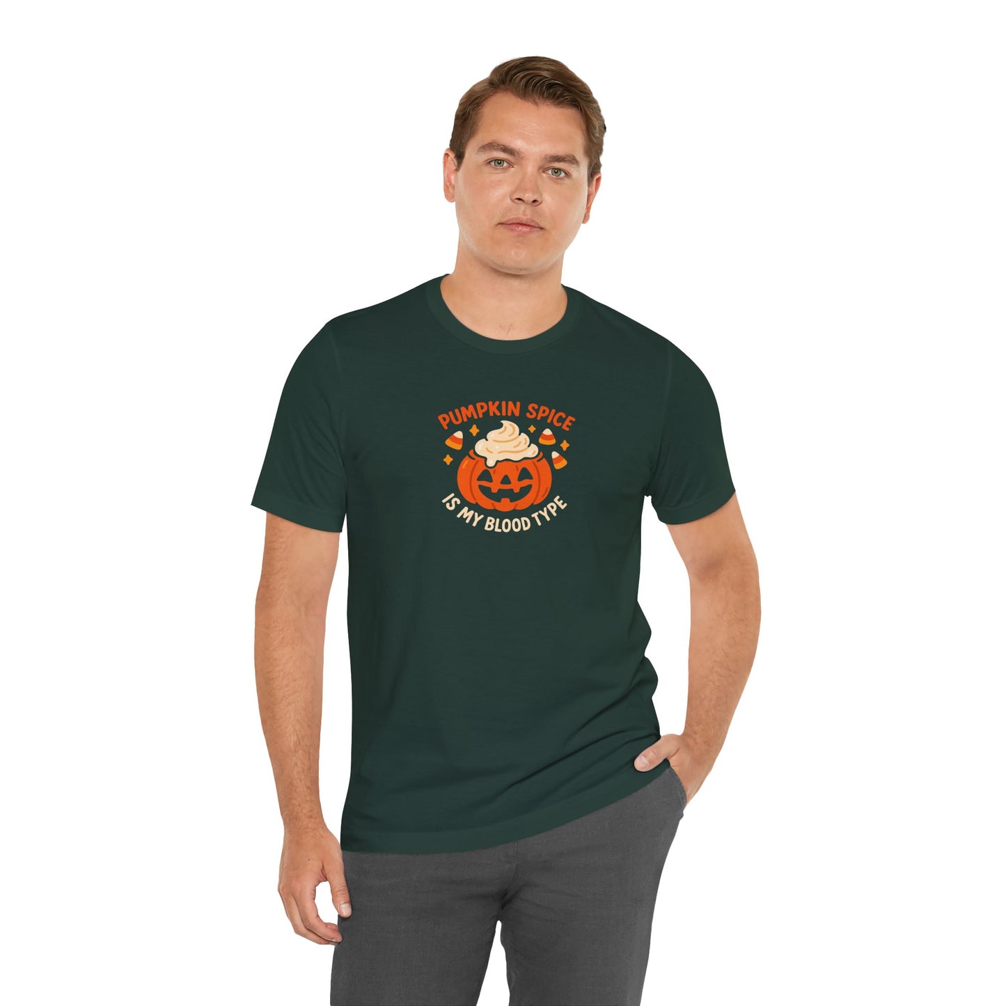 "Pumpkin Spice is My Blood Type" Short Sleeve Tee Fall Fashion, Halloween Shirt, Coffee Lover Gift, Autumn Wardrobe, Seasonal Tee