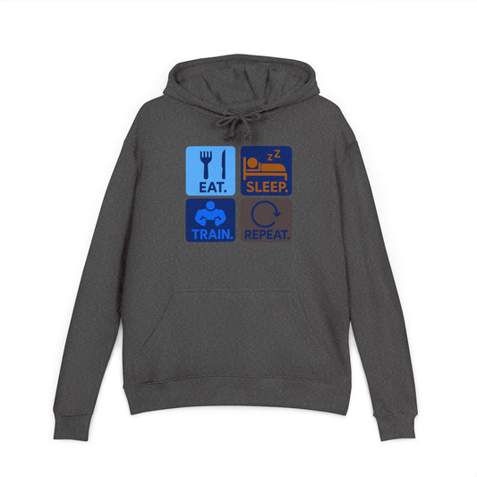 "EAT.SLEEP.TRAIN.REPEAT." Statement Hoodie for Fitness Lovers, Cozy Workout Gear, Athletic Hoodie, Motivational Hoodie, Gym Apparel