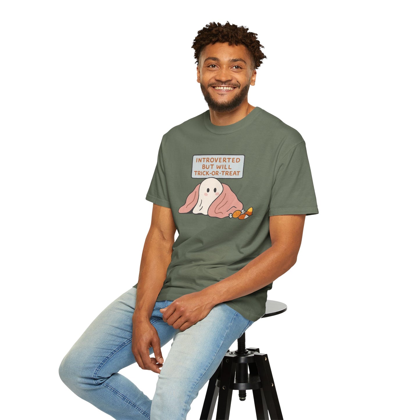 "Introverted But Will Trick or Treat" Unisex Halloween Tee, Funny Trick-or-Treat Shirt, Spooky Season Apparel, Gift for Introverts
