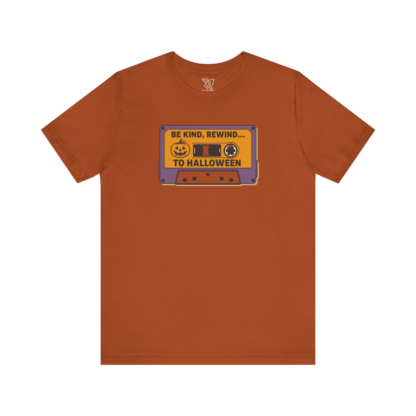 "Be Kind, Rewind to Halloween" T-Shirt, Unisex Casual Wear, Spooky Season Top, Vintage Style Shirt