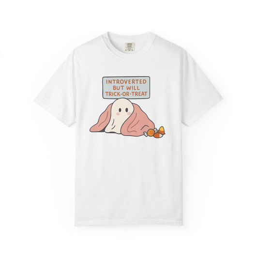 "Introverted But Will Trick or Treat" Unisex Halloween Tee, Funny Trick-or-Treat Shirt, Spooky Season Apparel, Gift for Introverts
