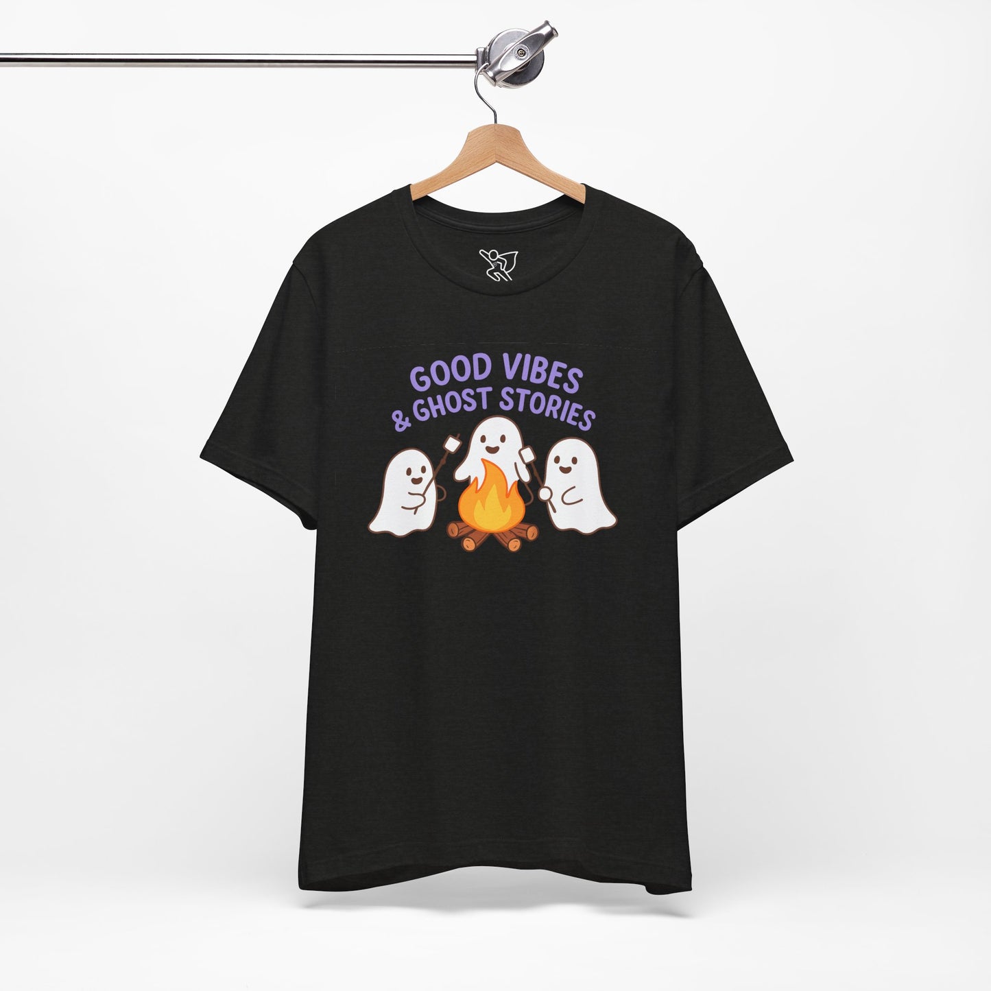 "Good Vibes & Ghost Stories" Unisex Jersey Short Sleeve Shirt for Halloween, Campfire Nights, Cozy Gatherings, Spirit Enthusiasts