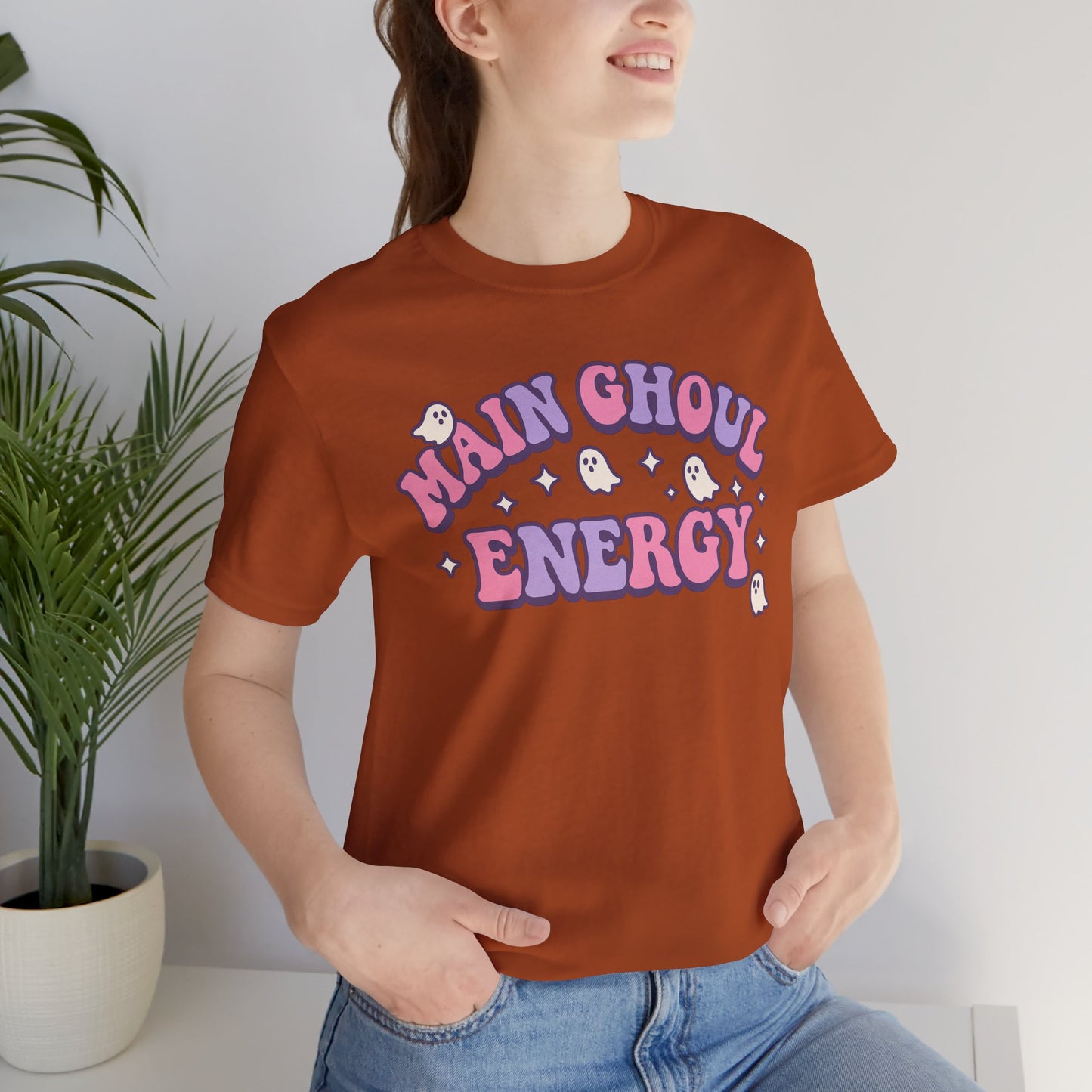 "Main Ghoul Energy" Unisex Short Sleeve T-Shirt, Halloween Party Shirt, Cute Graphic Tee, Gift for Ghost Lovers, Trendy Casual Wear