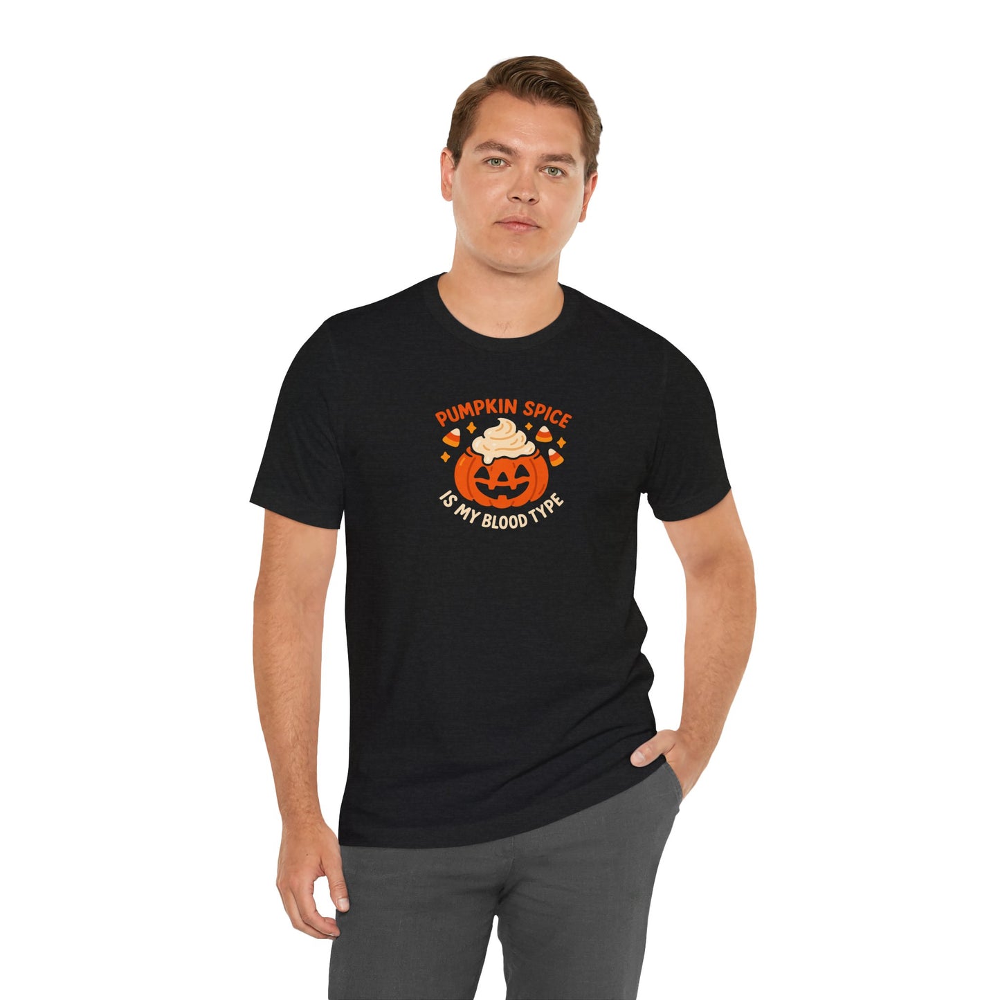 "Pumpkin Spice is My Blood Type" Short Sleeve Tee Fall Fashion, Halloween Shirt, Coffee Lover Gift, Autumn Wardrobe, Seasonal Tee