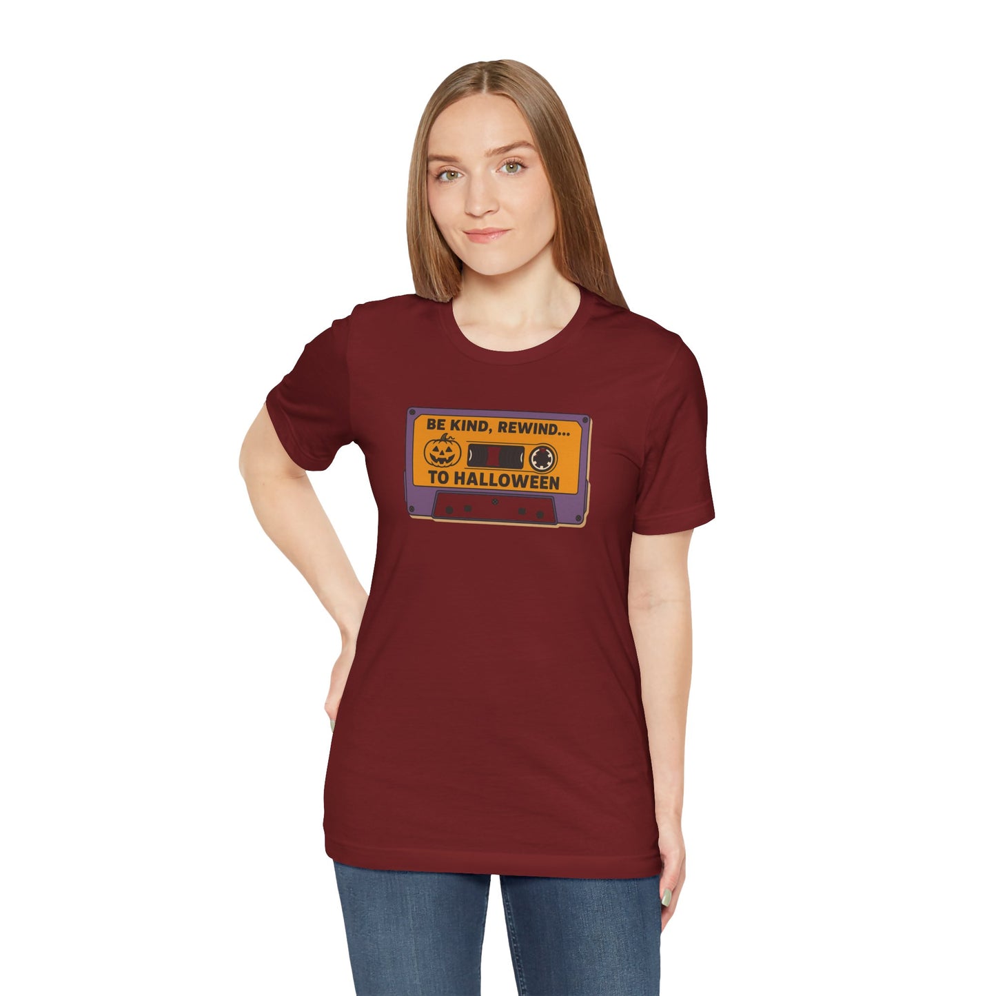 "Be Kind, Rewind to Halloween" T-Shirt, Unisex Casual Wear, Spooky Season Top, Vintage Style Shirt