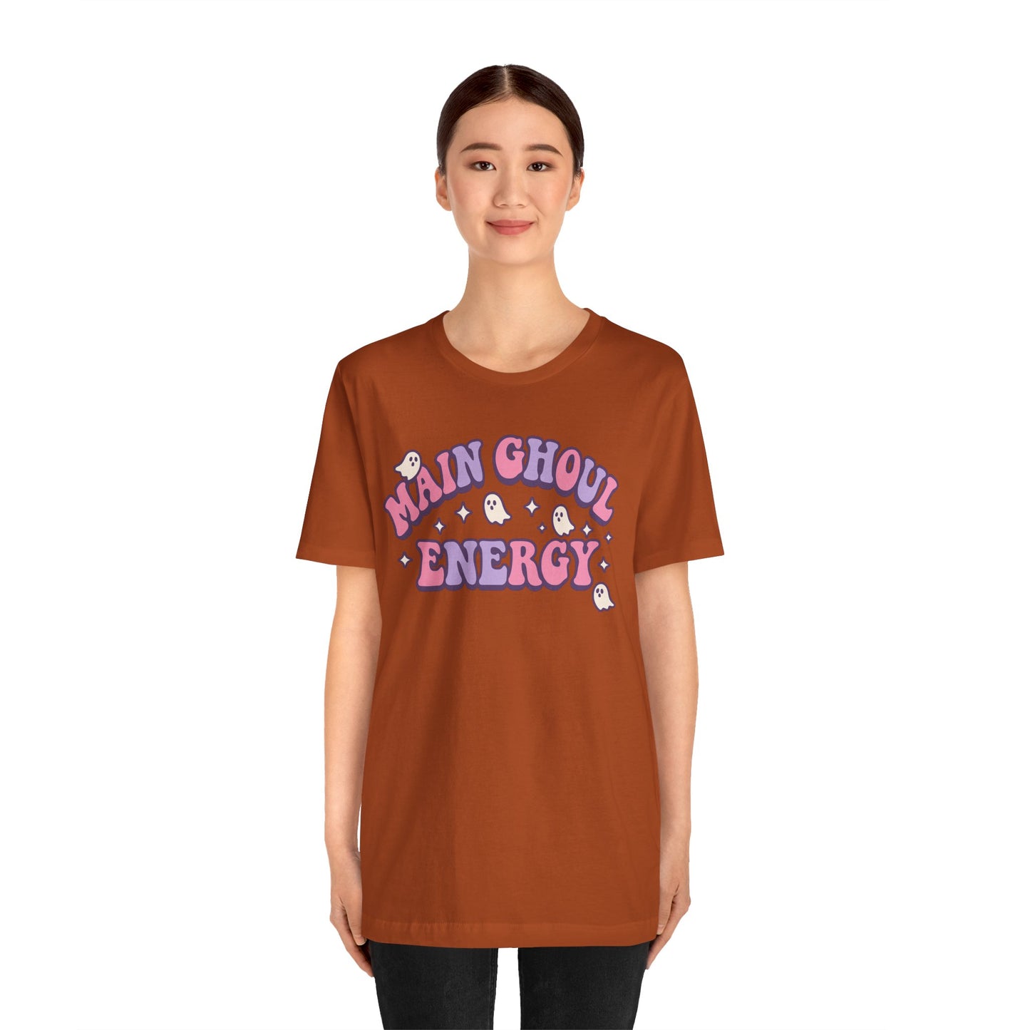 "Main Ghoul Energy" Unisex Short Sleeve T-Shirt, Halloween Party Shirt, Cute Graphic Tee, Gift for Ghost Lovers, Trendy Casual Wear