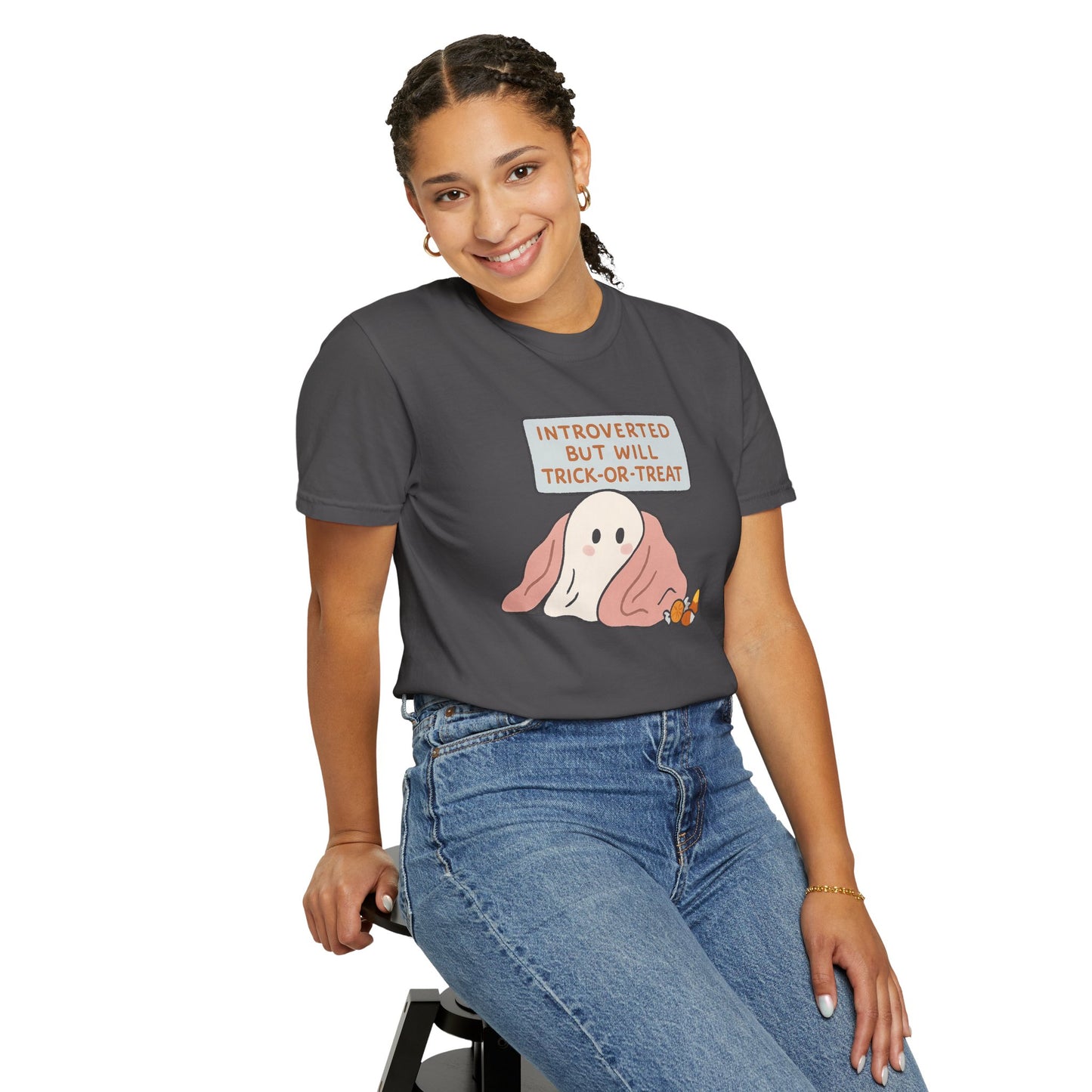 "Introverted But Will Trick or Treat" Unisex Halloween Tee, Funny Trick-or-Treat Shirt, Spooky Season Apparel, Gift for Introverts