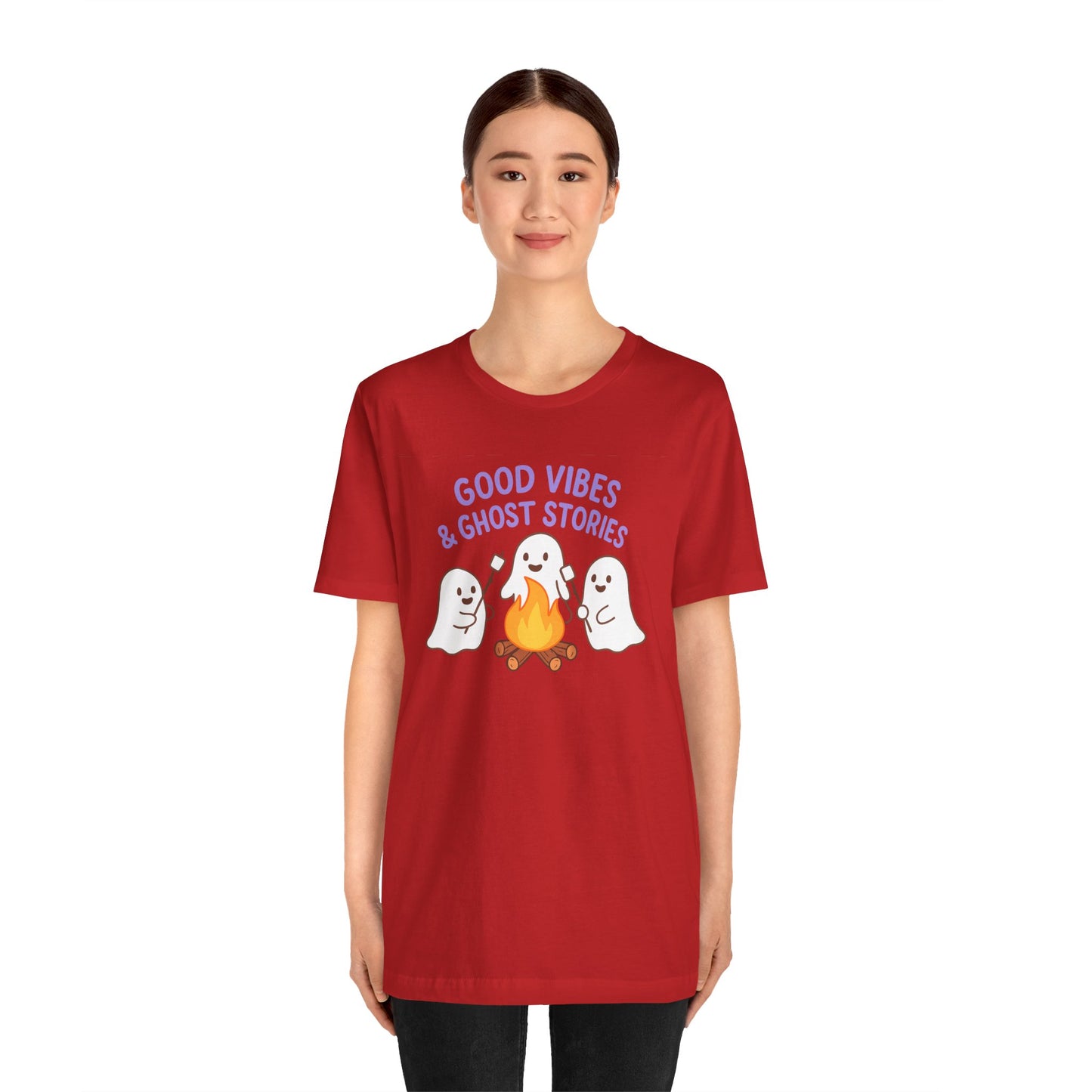 "Good Vibes & Ghost Stories" Unisex Jersey Short Sleeve Shirt for Halloween, Campfire Nights, Cozy Gatherings, Spirit Enthusiasts