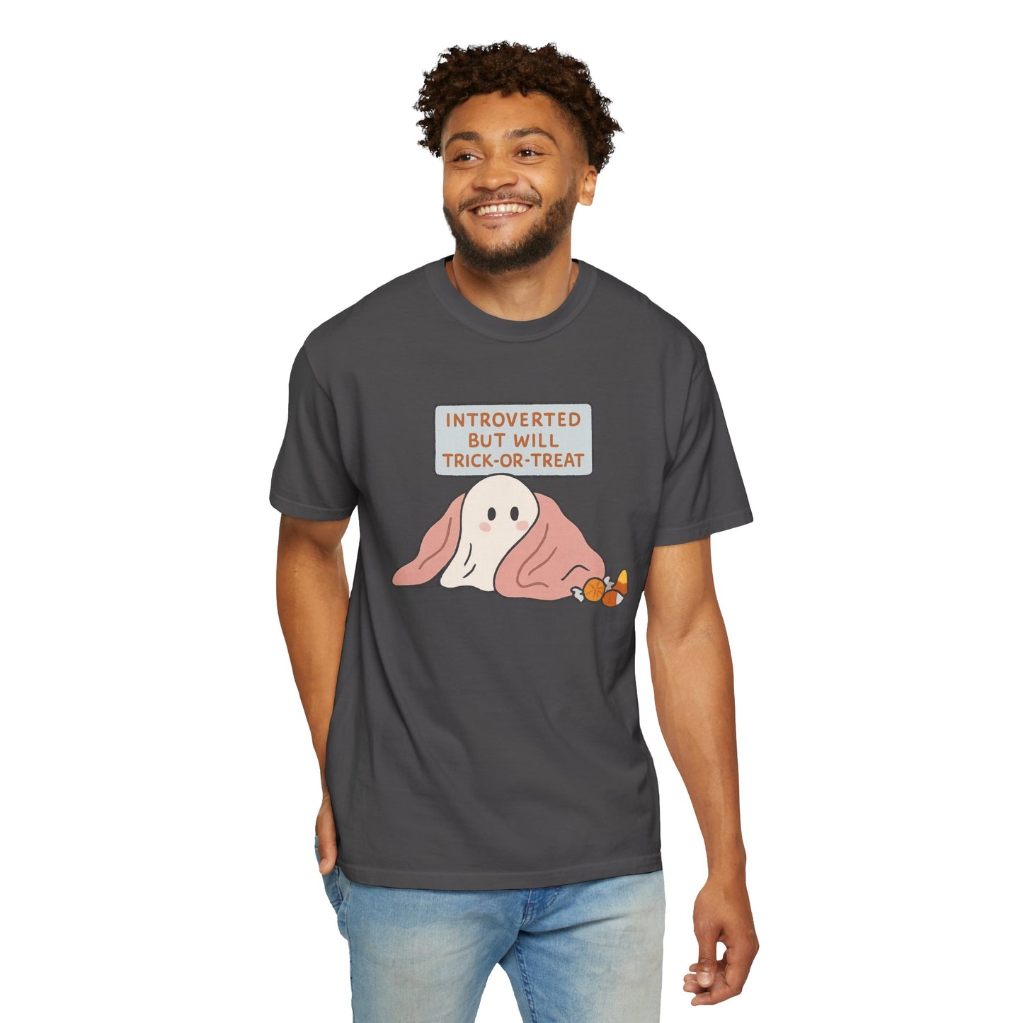 "Introverted But Will Trick or Treat" Unisex Halloween Tee, Funny Trick-or-Treat Shirt, Spooky Season Apparel, Gift for Introverts