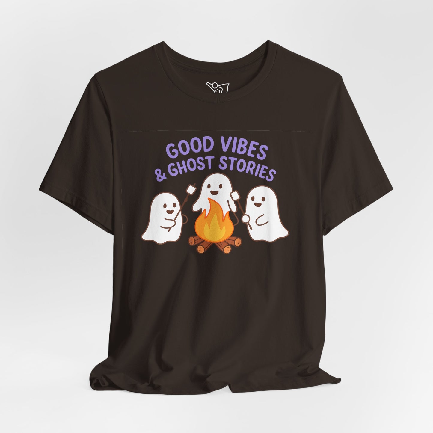 "Good Vibes & Ghost Stories" Unisex Jersey Short Sleeve Shirt for Halloween, Campfire Nights, Cozy Gatherings, Spirit Enthusiasts