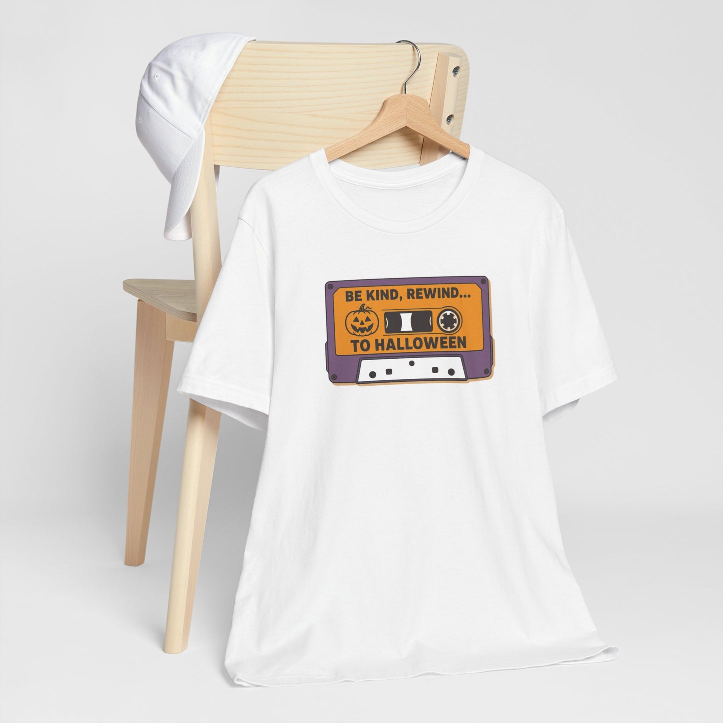 "Be Kind, Rewind to Halloween" T-Shirt, Unisex Casual Wear, Spooky Season Top, Vintage Style Shirt