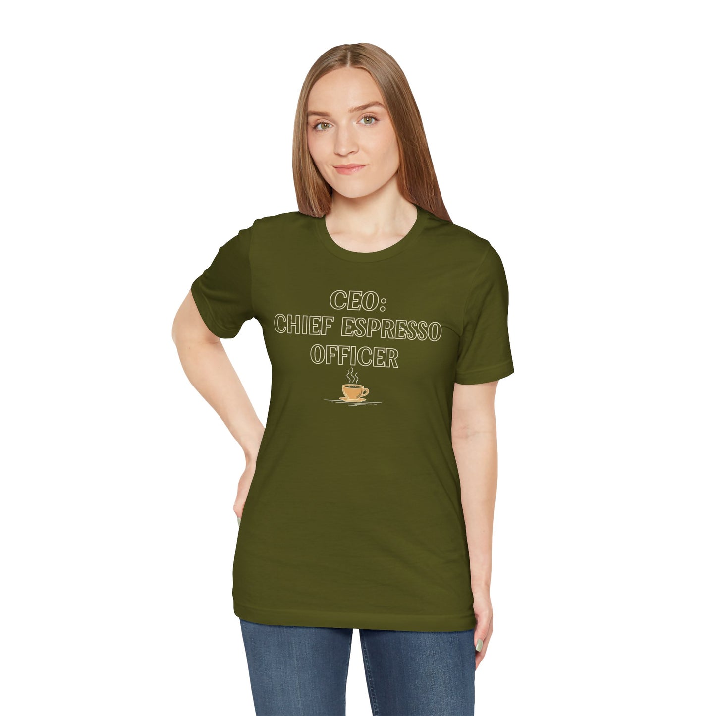 "CEO: Chief Espresso Officer" CW-1 Unisex Jersey T-Shirt for Baristas, Funny Coffee Shirt for Gifts, Perfect for Birthdays, Coffee Shop Outfits