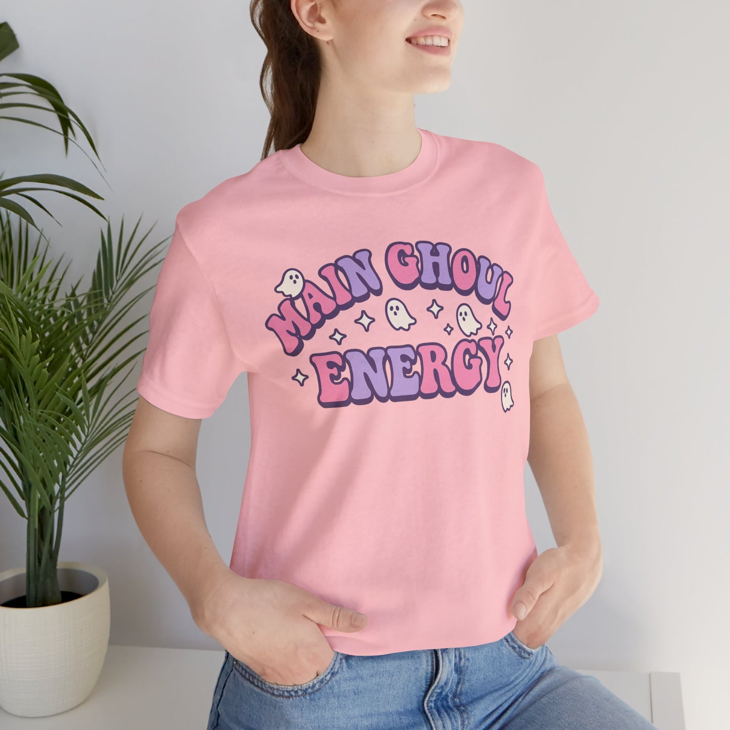 "Main Ghoul Energy" Unisex Short Sleeve T-Shirt, Halloween Party Shirt, Cute Graphic Tee, Gift for Ghost Lovers, Trendy Casual Wear