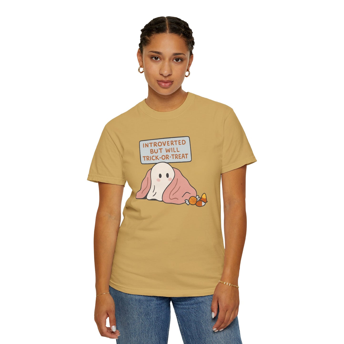 "Introverted But Will Trick or Treat" Unisex Halloween Tee, Funny Trick-or-Treat Shirt, Spooky Season Apparel, Gift for Introverts