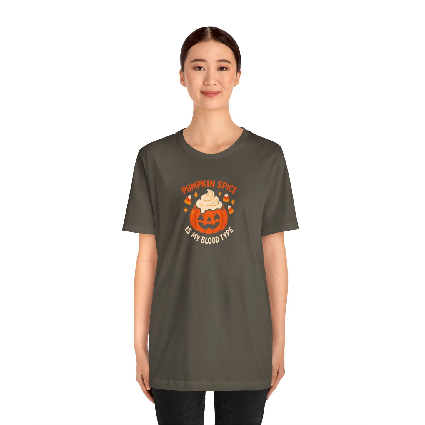 "Pumpkin Spice is My Blood Type" Short Sleeve Tee Fall Fashion, Halloween Shirt, Coffee Lover Gift, Autumn Wardrobe, Seasonal Tee