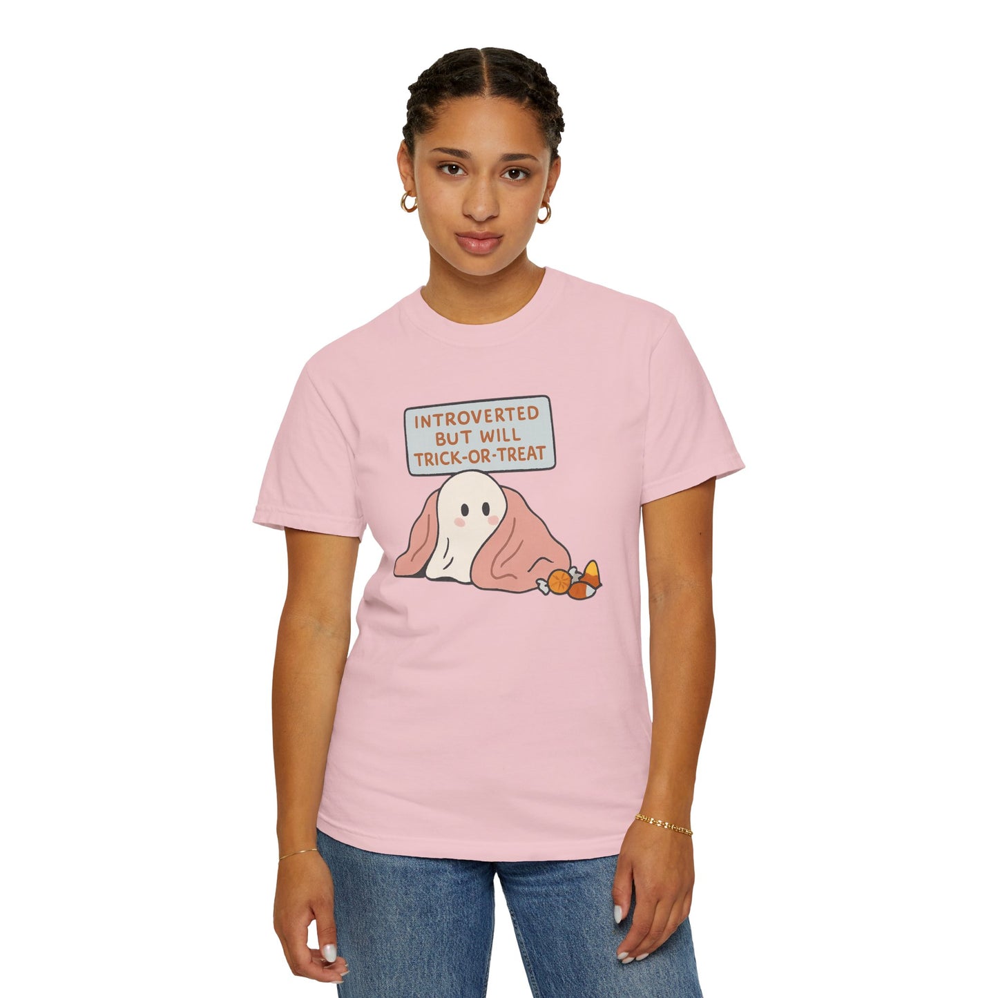 "Introverted But Will Trick or Treat" Unisex Halloween Tee, Funny Trick-or-Treat Shirt, Spooky Season Apparel, Gift for Introverts