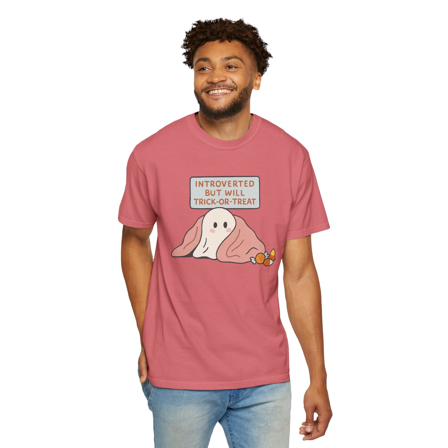 "Introverted But Will Trick or Treat" Unisex Halloween Tee, Funny Trick-or-Treat Shirt, Spooky Season Apparel, Gift for Introverts