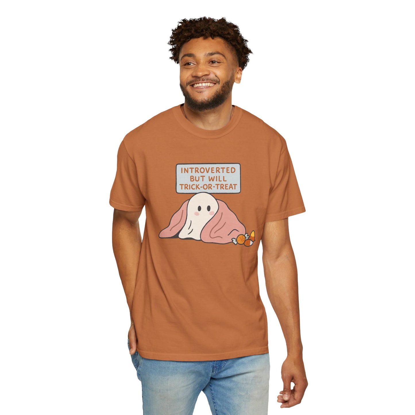"Introverted But Will Trick or Treat" Unisex Halloween Tee, Funny Trick-or-Treat Shirt, Spooky Season Apparel, Gift for Introverts